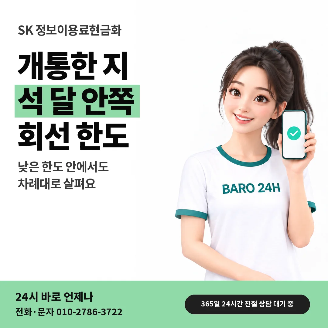 BARO 24H 티셔츠를 입은 3D 인물 옆에 「SK 개통 초기 회선 한도」 제목을 얹은 안내 카드