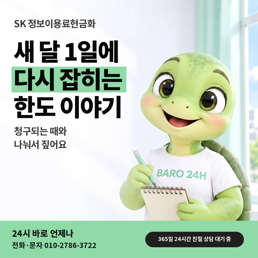BARO 24H 티셔츠를 입은 3D 거북이 캐릭터 옆에 「SK 매달 1일 한도 갱신」 제목을 얹은 안내 카드
